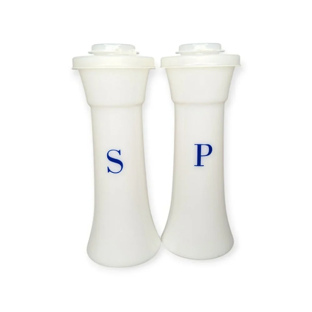 Vintage Tupperware Salt & Pepper Shakers #718-14 Rare Blue Lettering USA